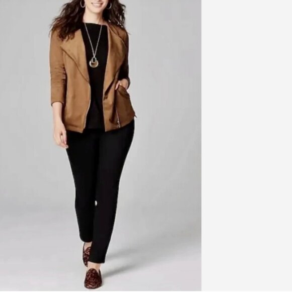 J. JILL Faux Suede Moto Jacket Medium Brown Stretch Zip Front Western Biker - Picture 2 of 10